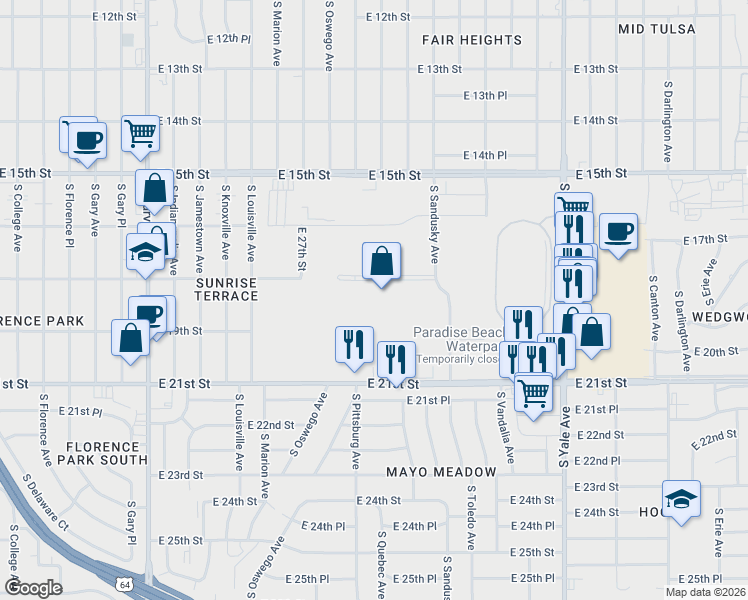 map of restaurants, bars, coffee shops, grocery stores, and more near 4145 East 21st Street in Tulsa