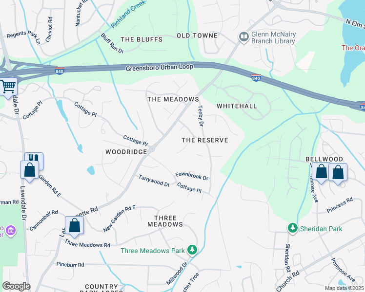 map of restaurants, bars, coffee shops, grocery stores, and more near 10 Old Orchard Lane in Greensboro