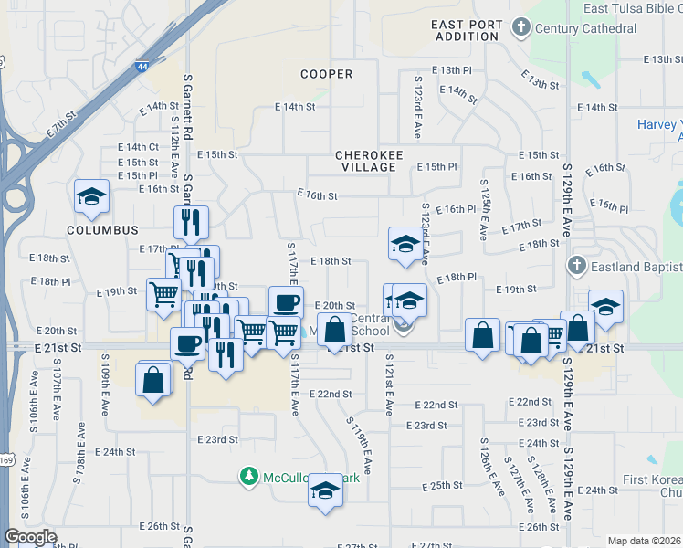 map of restaurants, bars, coffee shops, grocery stores, and more near 1804 South 119th East Place in Tulsa