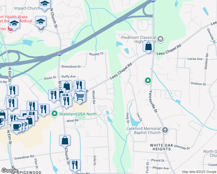 map of restaurants, bars, coffee shops, grocery stores, and more near 1338 Lees Chapel Road in Greensboro