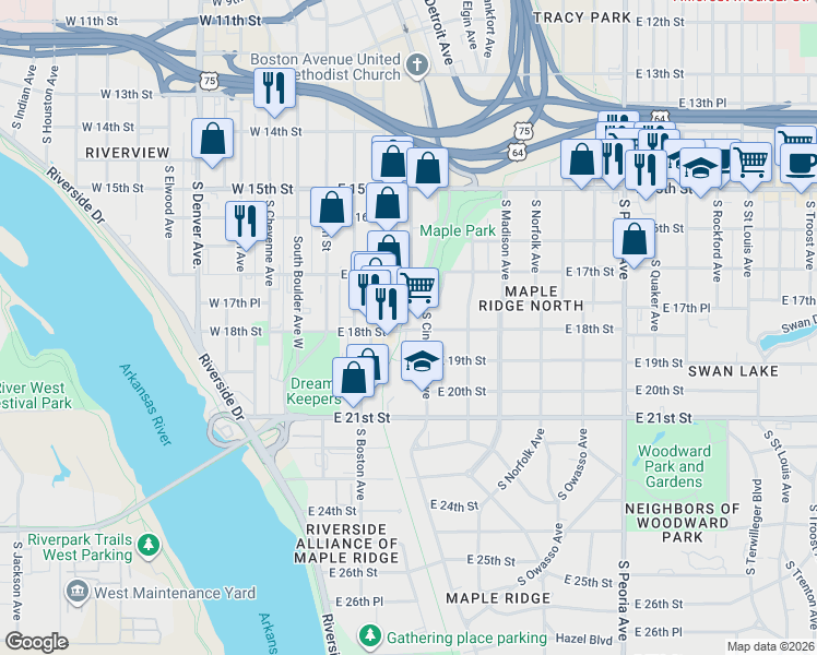 map of restaurants, bars, coffee shops, grocery stores, and more near 129 East 18th Street in Tulsa