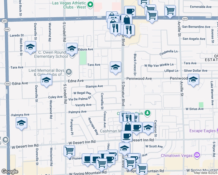 map of restaurants, bars, coffee shops, grocery stores, and more near 5045 Stampa Avenue in Las Vegas