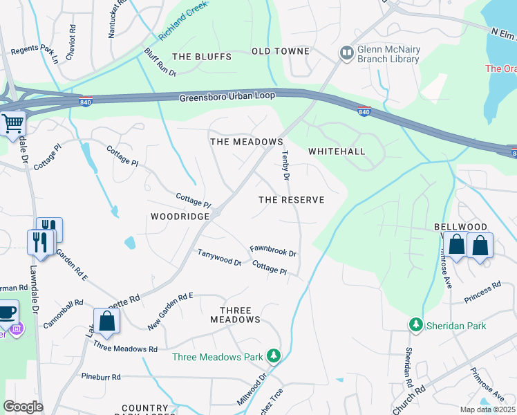 map of restaurants, bars, coffee shops, grocery stores, and more near 10 Old Orchard Lane in Greensboro