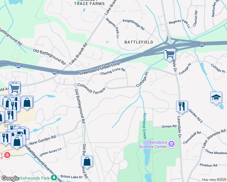 map of restaurants, bars, coffee shops, grocery stores, and more near 3414 Cottage Place in Greensboro