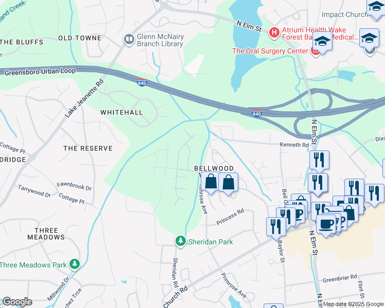 map of restaurants, bars, coffee shops, grocery stores, and more near 4214 Queen Victoria Place in Greensboro