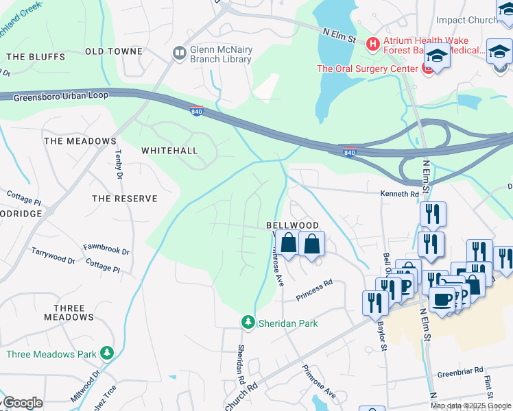 map of restaurants, bars, coffee shops, grocery stores, and more near 4211 Queen Victoria Place in Greensboro