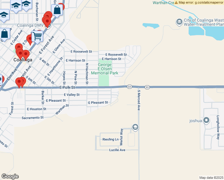 map of restaurants, bars, coffee shops, grocery stores, and more near 800 East Polk Street in Coalinga