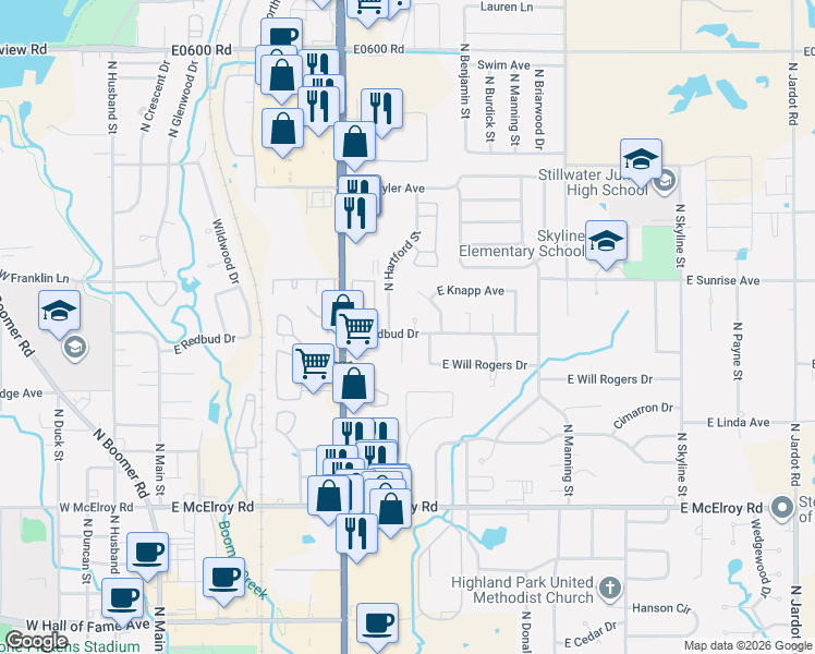 map of restaurants, bars, coffee shops, grocery stores, and more near 718 Redbud Court in Stillwater