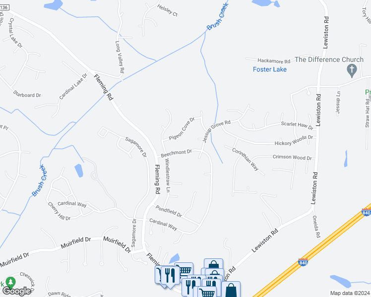 map of restaurants, bars, coffee shops, grocery stores, and more near 5400 Beechmont Drive in Greensboro