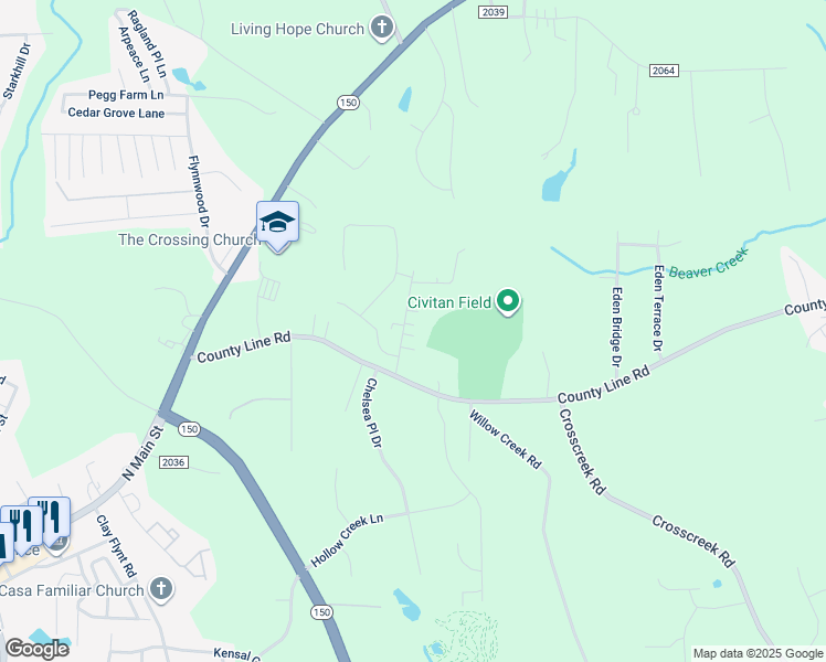 map of restaurants, bars, coffee shops, grocery stores, and more near 1250 Debra Lane in Kernersville