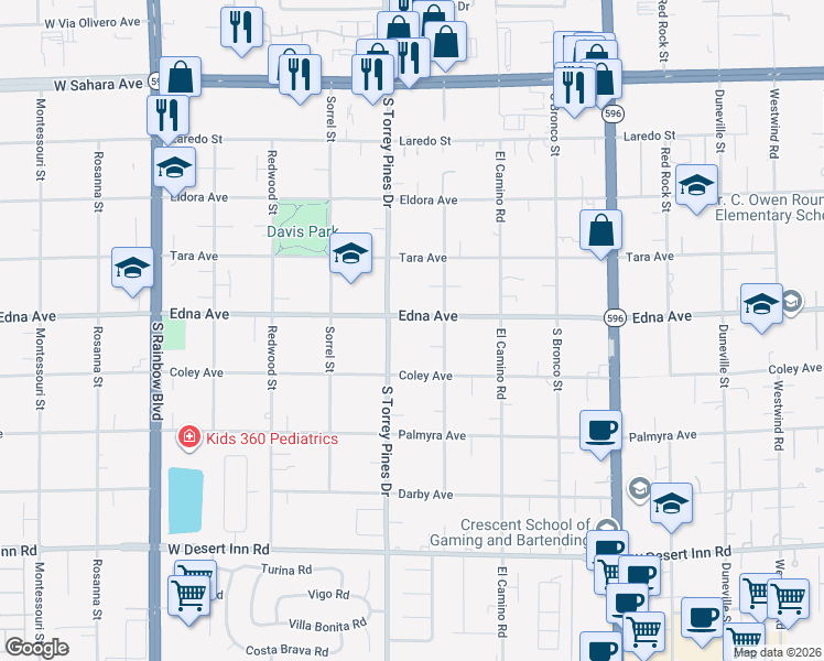 map of restaurants, bars, coffee shops, grocery stores, and more near 6465 Edna Avenue in Las Vegas