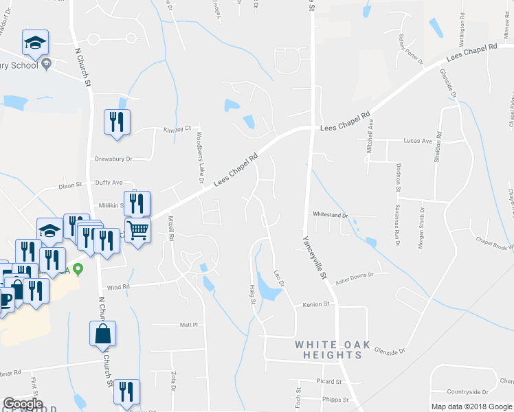 map of restaurants, bars, coffee shops, grocery stores, and more near 3105 Leo Drive in Greensboro