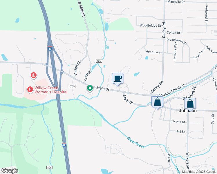 map of restaurants, bars, coffee shops, grocery stores, and more near 3600 Johnson Mill Boulevard in Springdale