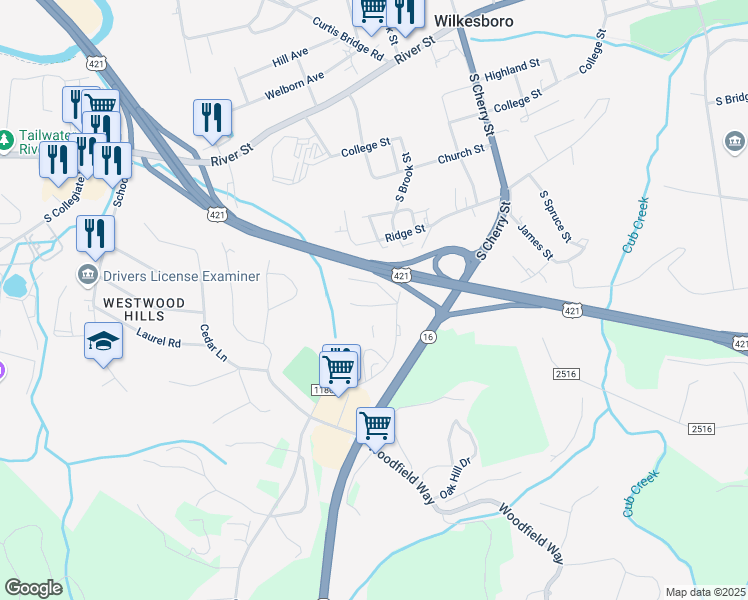 map of restaurants, bars, coffee shops, grocery stores, and more near 900A Frazier Street Southwest in Wilkesboro