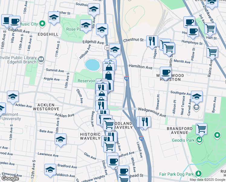 map of restaurants, bars, coffee shops, grocery stores, and more near 758 East Argyle Avenue in Nashville