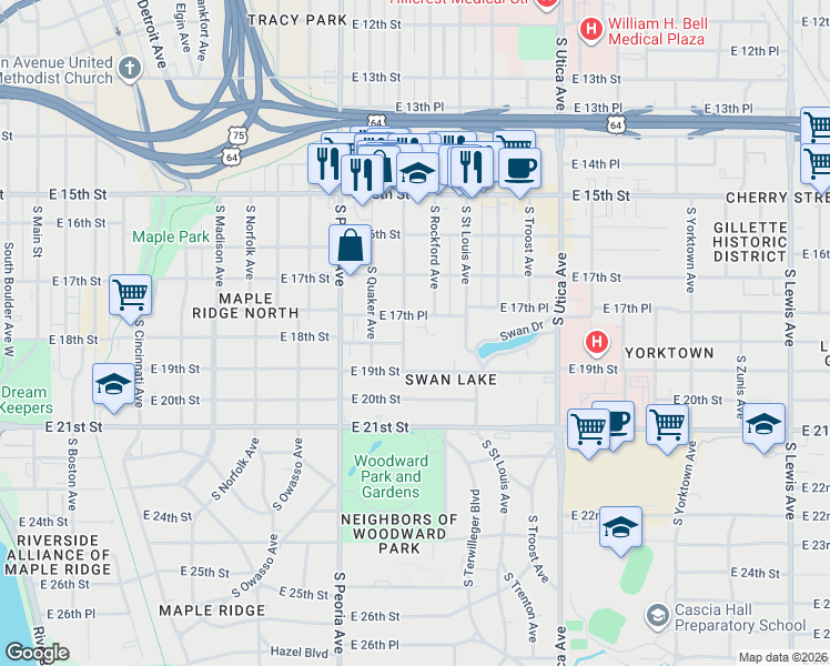 map of restaurants, bars, coffee shops, grocery stores, and more near 1743 South Quincy Avenue in Tulsa