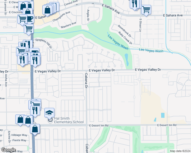 map of restaurants, bars, coffee shops, grocery stores, and more near 5466 Petaca Road in Las Vegas
