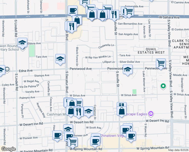 map of restaurants, bars, coffee shops, grocery stores, and more near 4545 Pennwood Avenue in Las Vegas