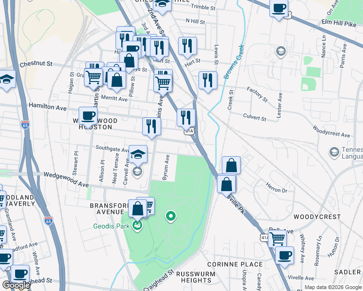 map of restaurants, bars, coffee shops, grocery stores, and more near 1607 Nolensville Pike in Nashville