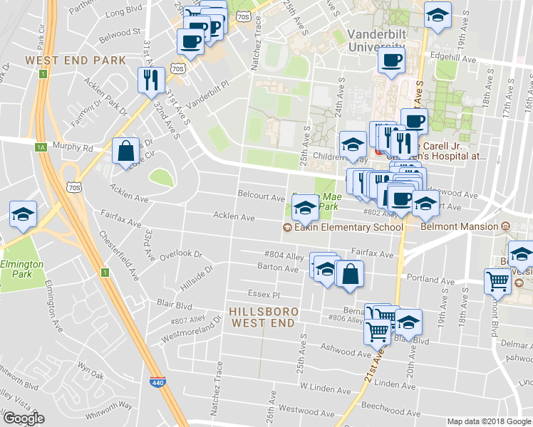 map of restaurants, bars, coffee shops, grocery stores, and more near 2700 Acklen Avenue in Nashville