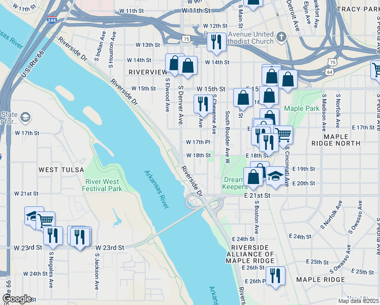 map of restaurants, bars, coffee shops, grocery stores, and more near 235 West 18th Street in Tulsa