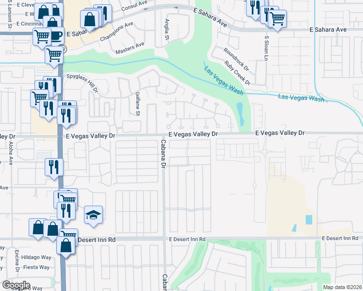 map of restaurants, bars, coffee shops, grocery stores, and more near 5481 Aldama Road in Las Vegas