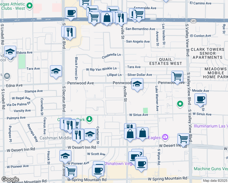 map of restaurants, bars, coffee shops, grocery stores, and more near 4485 Pennwood Avenue in Las Vegas