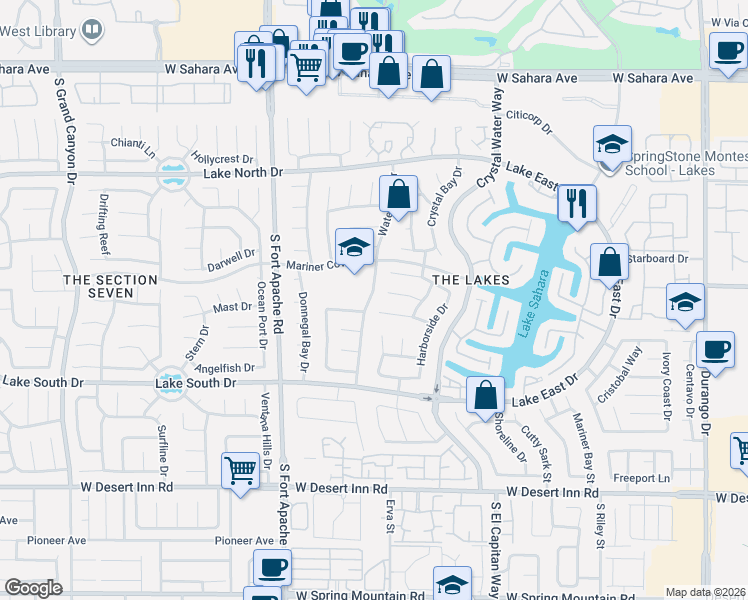 map of restaurants, bars, coffee shops, grocery stores, and more near 3032 Waterview Drive in Las Vegas