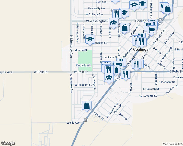 map of restaurants, bars, coffee shops, grocery stores, and more near 405 West Polk Street in Coalinga