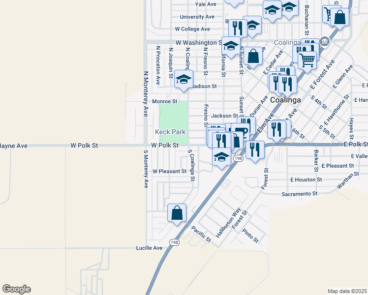 map of restaurants, bars, coffee shops, grocery stores, and more near 405 West Polk Street in Coalinga