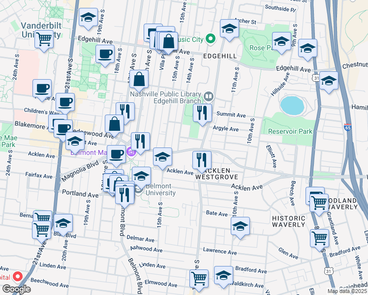 map of restaurants, bars, coffee shops, grocery stores, and more near 1722C 14th Avenue South in Nashville