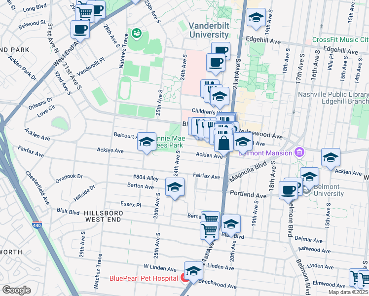 map of restaurants, bars, coffee shops, grocery stores, and more near 101 #802 Alley in Nashville