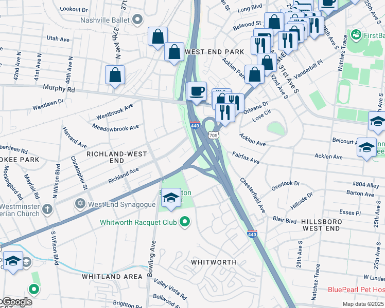 map of restaurants, bars, coffee shops, grocery stores, and more near 152 West End Place in Nashville