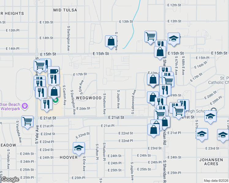 map of restaurants, bars, coffee shops, grocery stores, and more near 5814 East 18th Street in Tulsa