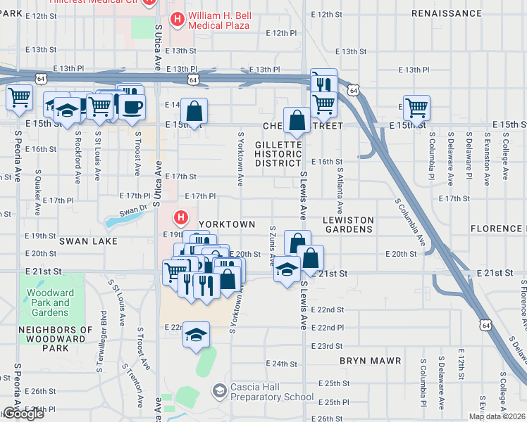 map of restaurants, bars, coffee shops, grocery stores, and more near 2128 East 17th Place in Tulsa