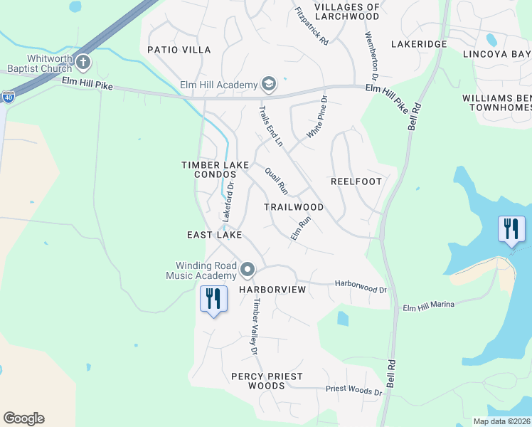 map of restaurants, bars, coffee shops, grocery stores, and more near 3233 E Lake Dr in Nashville