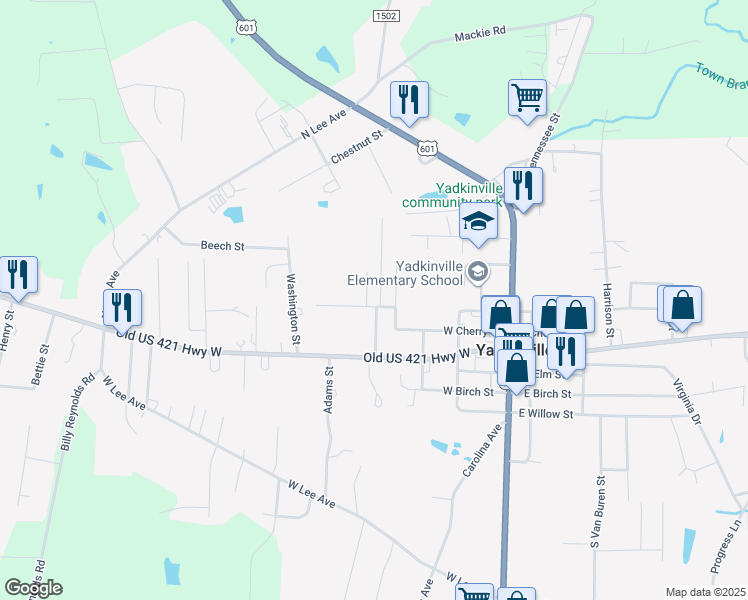 map of restaurants, bars, coffee shops, grocery stores, and more near 400 West Hemlock Street in Yadkinville