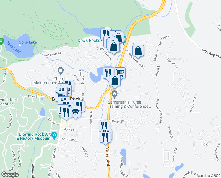 map of restaurants, bars, coffee shops, grocery stores, and more near 423 Main Street in Blowing Rock