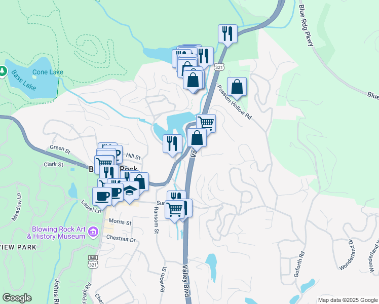 map of restaurants, bars, coffee shops, grocery stores, and more near 423 Main Street in Blowing Rock