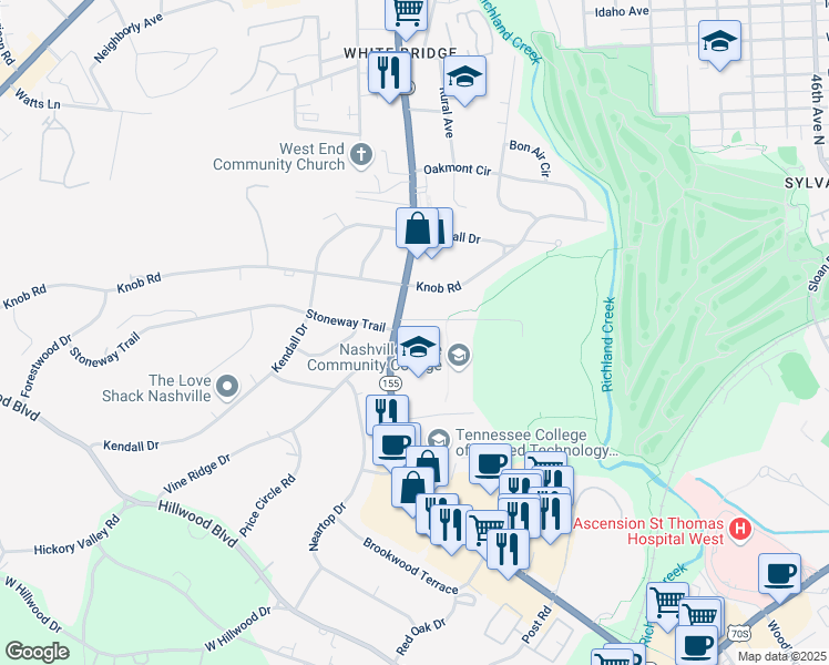 map of restaurants, bars, coffee shops, grocery stores, and more near 124 White Bridge Pike in Nashville