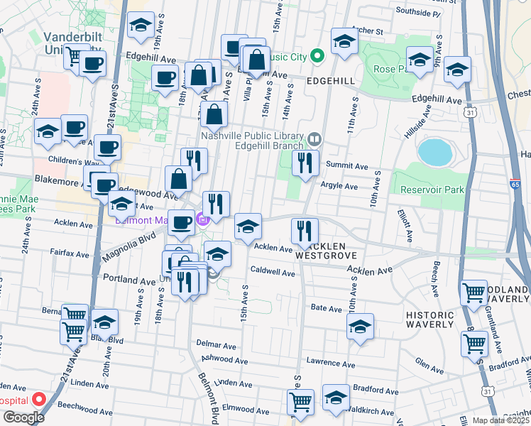 map of restaurants, bars, coffee shops, grocery stores, and more near 1716 15th Avenue South in Nashville