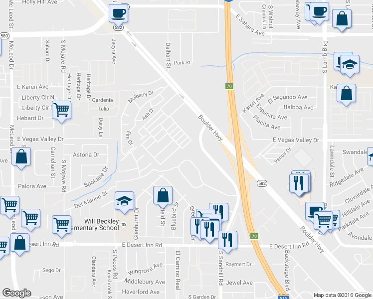 map of restaurants, bars, coffee shops, grocery stores, and more near 544 Greenbriar Townhouse Way in Las Vegas