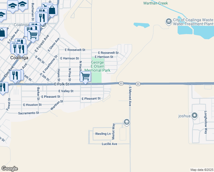 map of restaurants, bars, coffee shops, grocery stores, and more near 800 East Polk Street in Coalinga