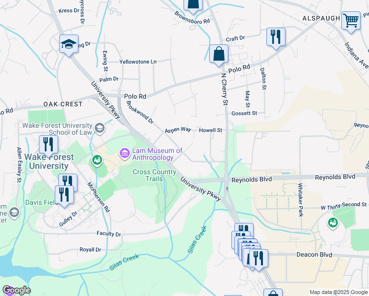 map of restaurants, bars, coffee shops, grocery stores, and more near 1301 Brookwood Drive in Winston-Salem