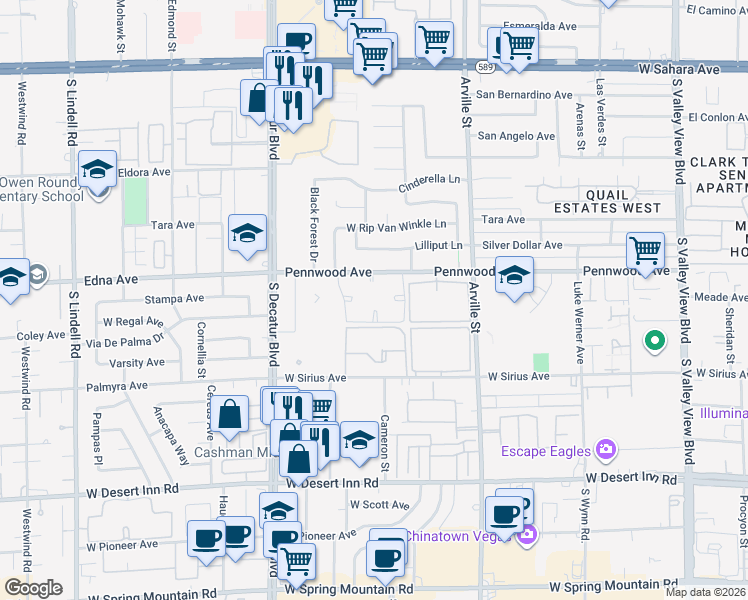 map of restaurants, bars, coffee shops, grocery stores, and more near 4545 Pennwood Avenue in Las Vegas