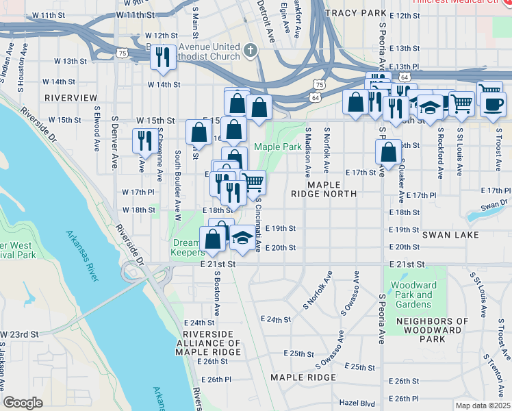 map of restaurants, bars, coffee shops, grocery stores, and more near 129 East 18th Street in Tulsa