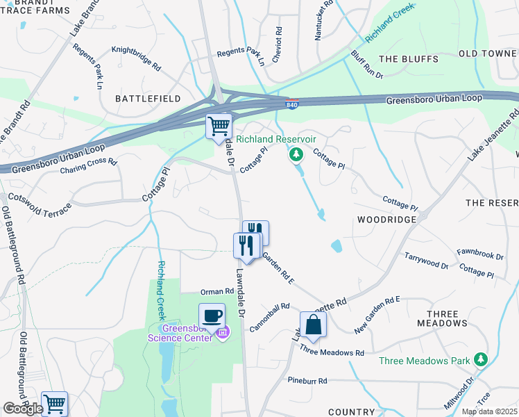 map of restaurants, bars, coffee shops, grocery stores, and more near 4512 Lawndale Drive in Greensboro