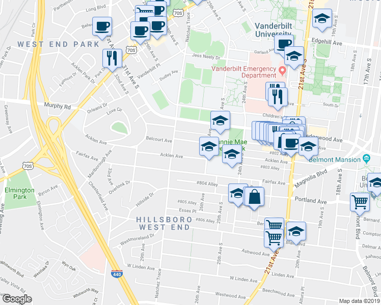 map of restaurants, bars, coffee shops, grocery stores, and more near 2704 Acklen Avenue in Nashville