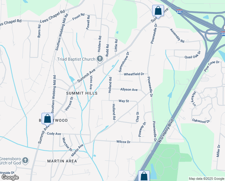 map of restaurants, bars, coffee shops, grocery stores, and more near 4410 Holland Road in Greensboro