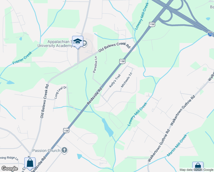 map of restaurants, bars, coffee shops, grocery stores, and more near 4600 Serene Street in Winston-Salem